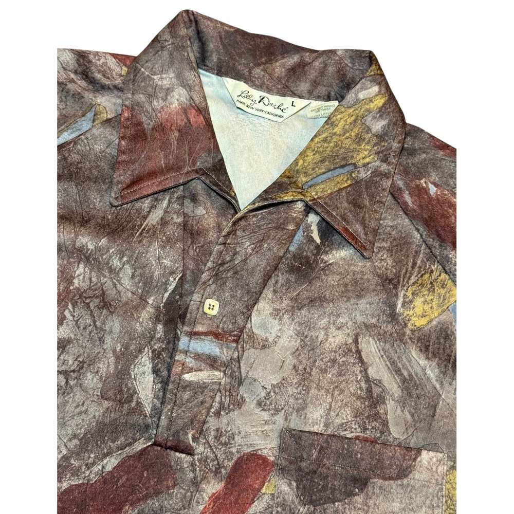 Vintage‎ Lilly Dache Mens L Abstract Earth Tone Print Polo Shirt Brown Retro S/S